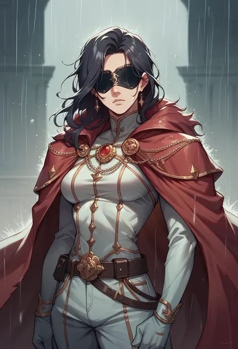 A woman with a luxurious blindfold, flashy clothes and a red cape in the rain and in a destroyed city . And behind him was an army of warriors with different weapons