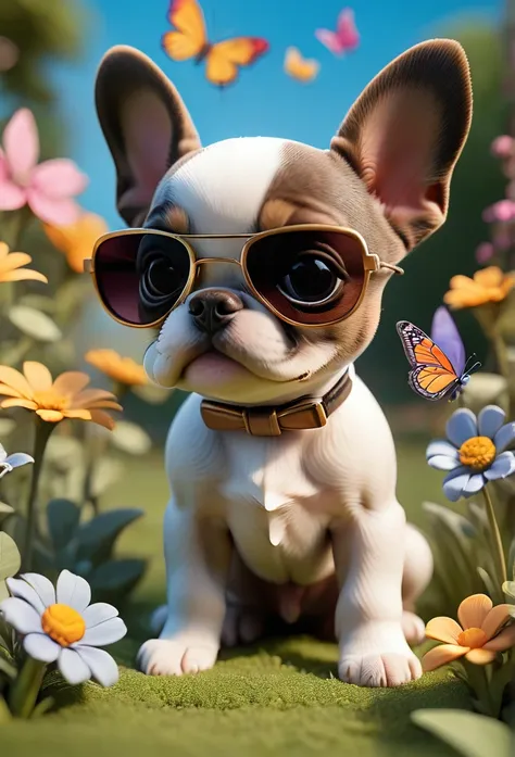 adorable small tan boston terrior puppy wearing sunglasses playing at park butterflies and flowers in background 3d pixar style