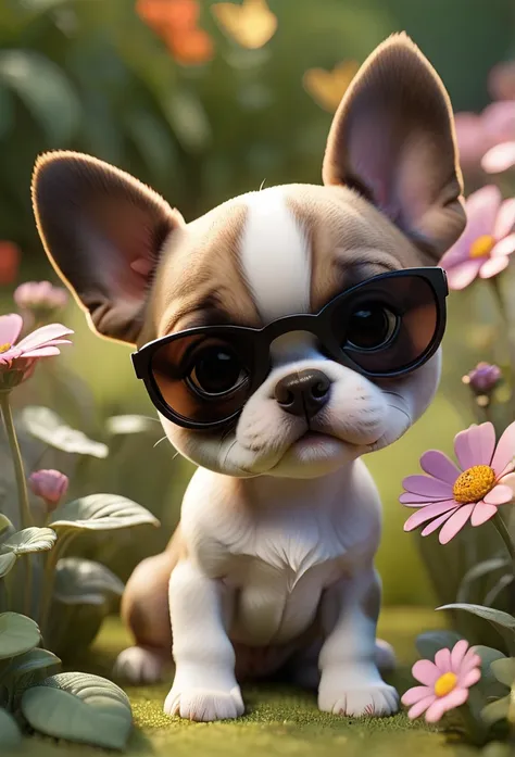 adorable small tan boston terrior puppy wearing sunglasses playing at park butterflies and flowers in background 3d pixar style