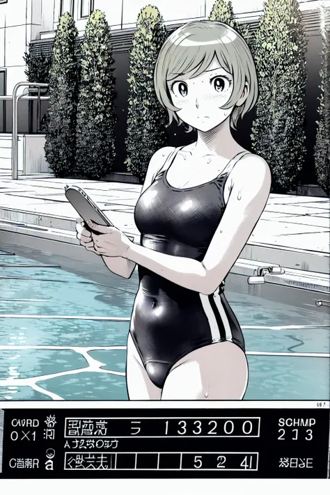 Blue school swimsuit、(masterpiece、Highest quality)、Highest quality, Ultra-high resolution, (((masterpiece))), alone, Sweat、Big eyes, Composition from the front、Shortcuts、Embarrassed face、blonde、Cut your hair short、School swimming pool、short hair、Pussy Line...