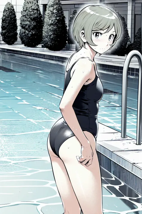 Blue school swimsuit、(masterpiece、Highest quality)、Highest quality, Ultra-high resolution, (((masterpiece))), alone, Sweat、Big eyes, Composition from the front、Shortcuts、Embarrassed face、blonde、Cut your hair short、School swimming pool、short hair、Pussy Line...