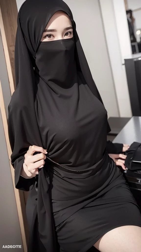 8K, high quality, nice lighting, soft lighting, realistic, dark eyes, sexy, big breasts, thighs, wide hips, muscular, malaysia, black dress, long sleeves, Jewelry, sexy lady, asian, hijab, niqab, sexy pose, in office, showing big thighs, nice body, natural...