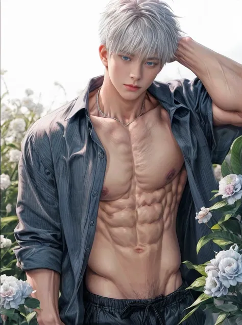 1boy, adult, handsome, perfect face, detailed eyes and face, clean shaved, muscular, capturing a rural atmosphere, dynamic lighting, unreal engine 5, hd picture, satoru gojo, white hair, short hair ,hair between eyes ,blue eyes, white skin, pink nipple, mi...