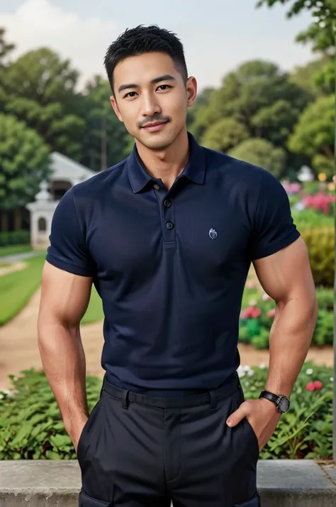 Masterpiece, best quality, high resolution, realistic, handsome, Take beautiful photos, Photo of the 35 year old gym association (The man has a thin mustache.) ,Full body, Portrait, standing in the garden, make military media, weight, Amazing , Buzzcut sho...