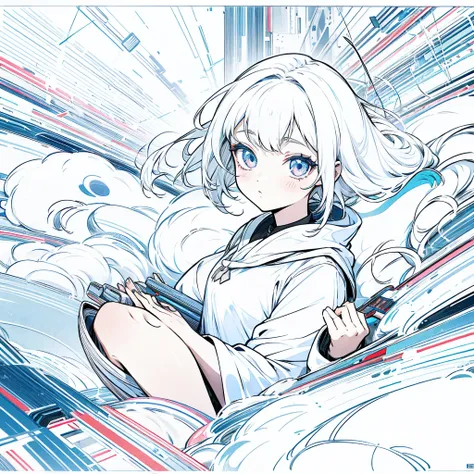 anime style girl, super cute white hair 