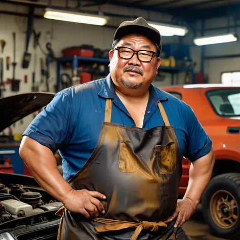 Man, Asian, Fat, Chubby, 50 years old, eye glasses, Hat, take of shirt, Shirtless, wear an Apron, car mechanic, Working in a car repair shop, covered in oil, Wet, Stain, Dirty of Oil, Sitting, realistic image, sharp 8K, beautiful lighting.