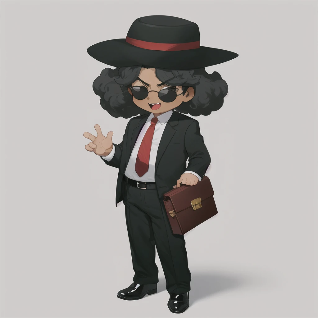 Draw a Cartoon-style character inspired by a mysterious salesman. He must wear a wide-brimmed black hat, sunglasses, have voluminous afro hair, and a black suit with a red shirt. Include a yellow tie and a gray briefcase in your hands. The character must h...