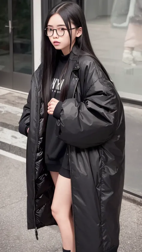 girl standing outside, wear glasses, in a black jacket, ((long hair)), Image inspired by Zou Zhe, Tumblr, realism, Xindong Chen, Approximately 19 years old, Qichao Wang, Huifenghuang, Jay Long Su, Xiaofan Zhang, Pengzhen Zhang, Smon Zheng, Yi Hao Ren, Zezh...