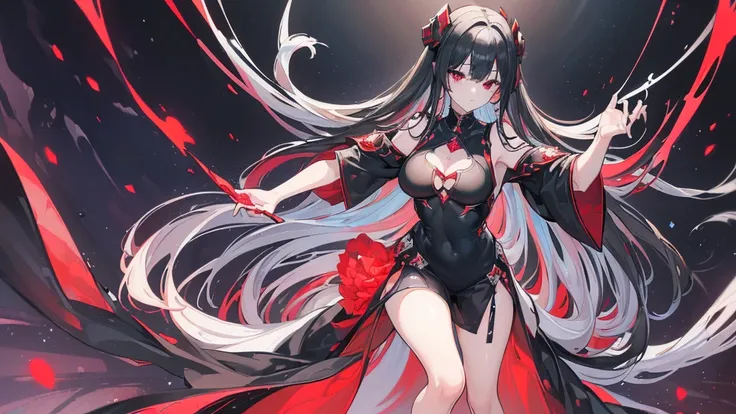 (Exquisite eyes),(Clear and beautiful eyes:1.61),masterpiece, 1 young girl,(Black clothes and some red gems), Black long hair, (She has a huge red gem on her chest), Good Hand,((The Havoc of StarCraft)),full-body shot,Fighting Stance,(Red Eyes:1.466)，short...