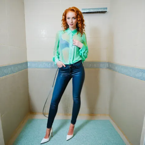 ((black skinny jeans)), white high heel pumps, shoulder length curly red hair, blue eyes, shower, wet shirt, wet blouse, mint gr...