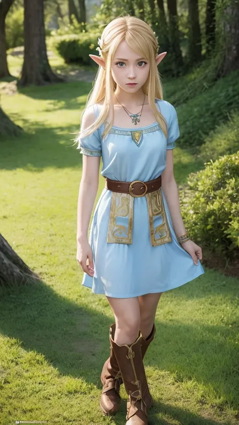 Princess Zelda, 1 girl, artist request, belt, blonde hair, blue shirt, book, boots, expressionless, full body, green eyes, height, look at viewer, magic, Nintendo, trousers, pointed ears, shirt, short hair, simple background, alone, the legend of zelda, th...