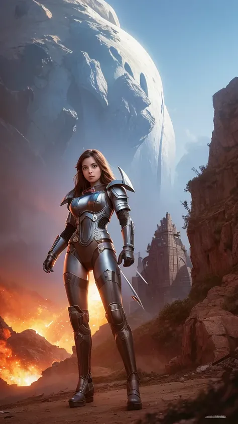 There was a woman standing in front of a giant robot., Inspiration from Ken Kelly, epic album cover, Imogen spoke as a paladin., Ralph Horsley bright colors, The Great Princess of the Wasteland, Skynet, Sophisticated biopunk style, queen of warriors, Krul ...