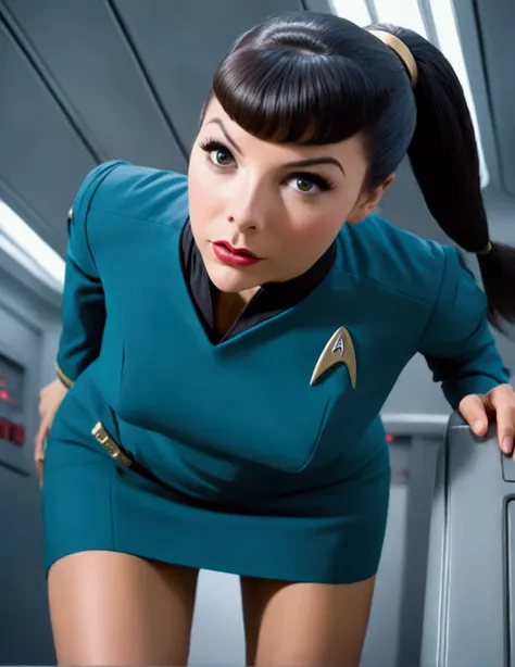 A cute woman (age 25, classic star trek mini skirt uniform) she is a clumsy officer regularly dropping things and picking them up, bent over panty exposed, busy star ship
