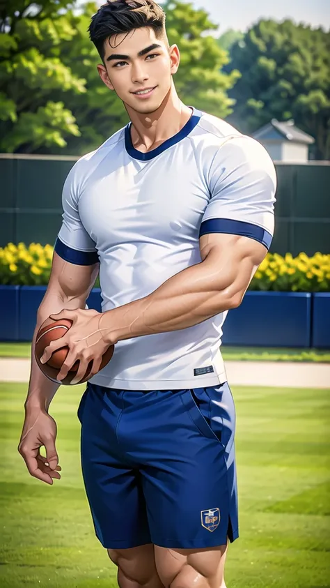 1 man, smile, (wearing navy clothes, round neck, short sleeve football shirt.), Navy cargo pants, Korean guy , korean men, (High gloss details), chest muscles, Big arm muscles, blood vessel, big muscles, Broad shoulders, looking at the audience, Balancing ...