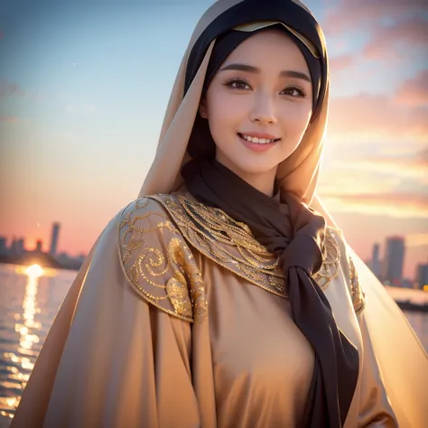 a gorgeous 42 year old Indonesian woman, 1girl, silk abaya, in hijab, smiling, shy, opened mouth, visible teeth, hot mom, full body portrait, (best quality,4k,8k,highres,masterpiece:1.2),ultra-detailed,(realistic,photorealistic,photo-realistic:1.37),HDR,UH...