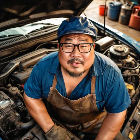 Man, Asian, Fat, Chubby, 50 years old, eye glasses, Hat, take of shirt, Shirtless, wear an Apron, car mechanic, Working in a car repair shop, covered in oil, Wet, Stain, Dirty of Oil, Sitting, Top view, Look up, realistic image, sharp 8K, beautiful lightin...