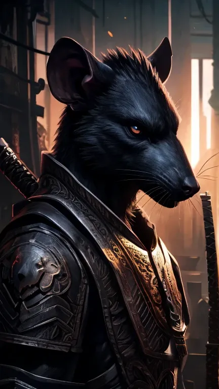 a mutant evil samurai rat master, intricate detailed portrait, highly detailed face, masterfully crafted armor, katana sword, dark moody lighting, cinematic composition, gritty dystopian setting, moody color palette, chiaroscuro lighting, photorealistic, 8...