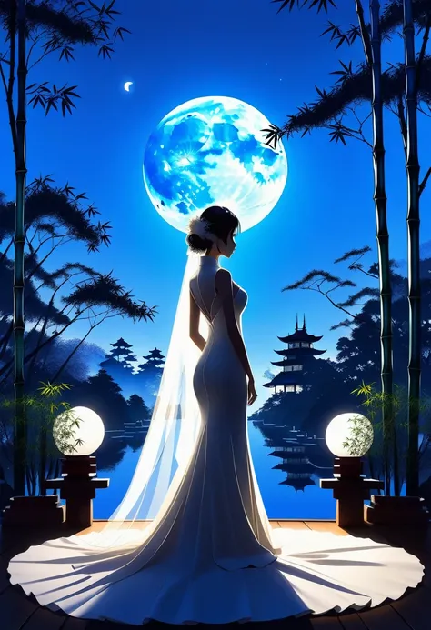 ((Silhouette Art)), 1Bridal Clothing, remove , transparent long dress, man in suit, dynamic pose, (Double contact:1.3), Weddings at the restaurant overlooking a Japanese garden surrounded by bamboo trees, Blue Moon, (close up), promote, complicated, (best ...