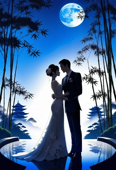 ((Silhouette Art)), 1Bridal Clothing, remove , transparent long dress, man in suit, dynamic pose, (Double contact:1.3), Weddings at the restaurant overlooking a Japanese garden surrounded by bamboo trees, Blue Moon, (close up), promote, complicated, (best ...