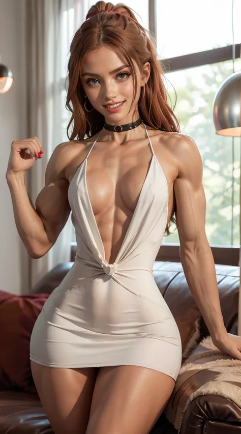 (Muscular:1.9), (thick thighs:2.2),
(ginger female:1.5), (red hair), (big smile:1.5), (ponytail),
(stud earrings, lipstick),
(flat chest:2), boltedontits,
choker, (l0wcutdress:1.8), 
looking at viewer, three quarter view, upper body view,
living room, (fuz...