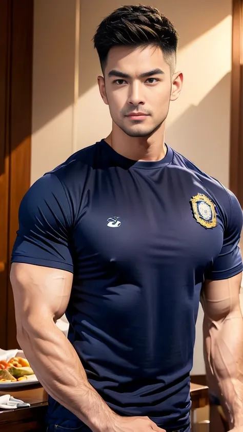 (Create a masterpiece:1.2),(CGI art:1.3),(realistic:1.5),(After processing:1.3),(Sharp focus:1.3),1 man ,(black hair) ,(Wear color navy round neck T-shirt), (with a Police badge:1.1),Navy blue jeans,Korean guy,korean men,(High gloss details),chest muscles,...