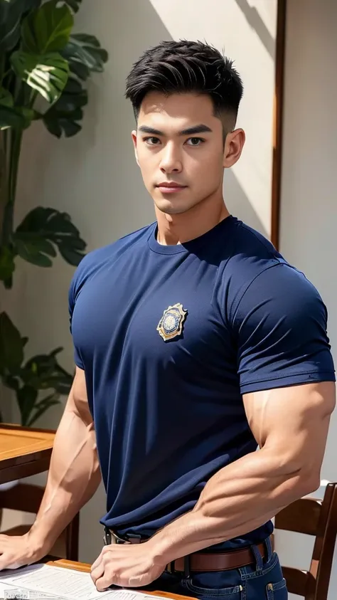 (Create a masterpiece:1.2),(CGI art:1.3),(realistic:1.5),(After processing:1.3),(Sharp focus:1.3),1 man ,(black hair) ,(Wear color navy round neck T-shirt), (with a Police badge:1.1),Navy blue jeans,Korean guy,korean men,(High gloss details),chest muscles,...