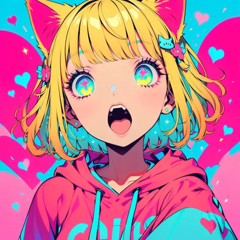 Style 11,One girl, heart, alone, Blonde Hair, Open your mouth, Cat ears, Flower Hair Ornaments,Short Hair、Turquoise Eyes、Pink short sleeve hoodie