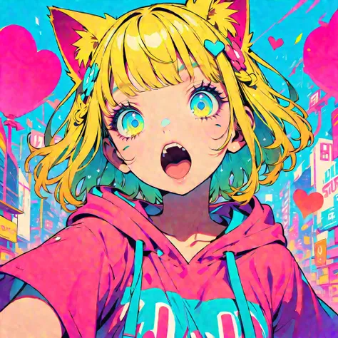 Style 11,One girl, heart, alone, Blonde Hair, Open your mouth, Cat ears, Flower Hair Ornaments,Short Hair、Turquoise Eyes、Pink short sleeve hoodie