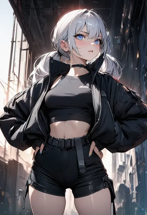 Young girl white hair blue eyes twin ponytails cyberpunk black top motorcycle jacket shorts high quality masterpiece