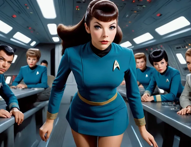 a cute woman, 25 years old, wearing a classic star trek mini skirt uniform, she is a clumsy officer who regularly drops things a...