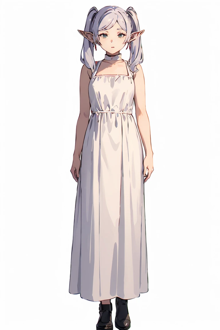 ((Standing upright:1.4 )))、最高masterpiece、detailed、detail、masterpiece、One Girl、Elf、Pointy Ears、Long twin tails、Silver Hair、Frielen、最高masterpiece、Wearing a floral dress、Simple white background、sexy、