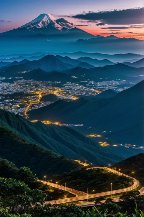 Create a view of Mount Kinabalu in the early morning with a beautiful atmosphere. 