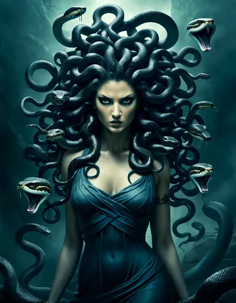 Medusa a woman In Greek mythology, Medusa, also called Gorgo,  a human female with living venomous snakes in place of hair, dark, moody, dark fantasy style