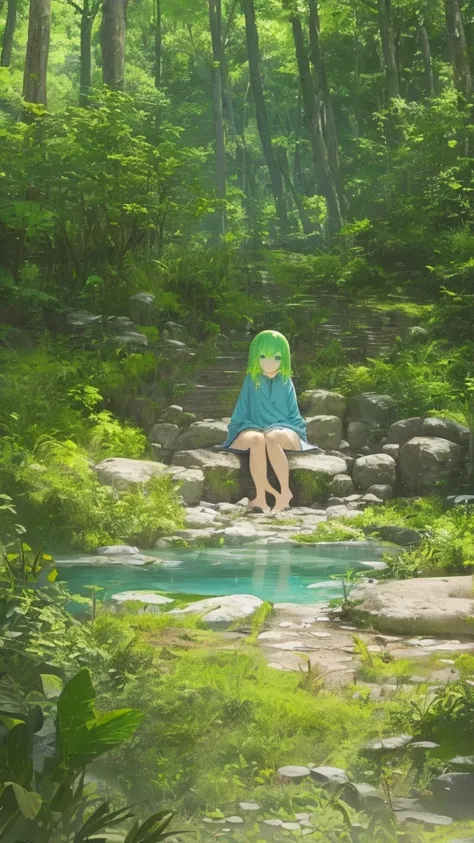 1girl, solo, slime girl, slime (substance), blue skin, (green hair:1.2), , sitting, outdoors, forest, looking at viewer, smile