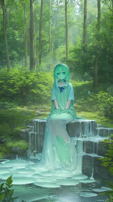 1girl, solo, slime girl, slime (substance), blue skin, (green hair:1.2), , sitting, outdoors, forest, looking at viewer, smile