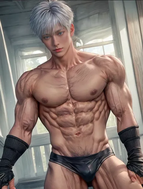 1boy, adult, handsome, perfect face, detailed eyes and face, clean shaved, muscular, capturing a rural atmosphere, dynamic lighting, unreal engine 5, hd picture, satoru gojo, white hair, short hair ,hair between eyes ,blue eyes, white skin, pink nipple, mi...