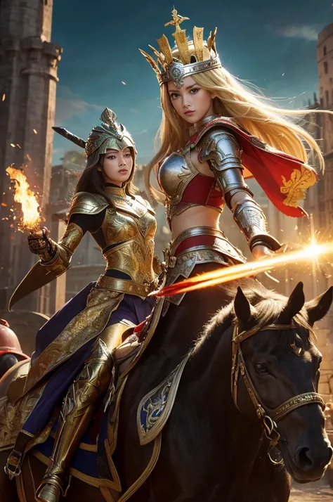 masterpiece,8k,Very detailed,Highest quality,battlefield,(background:The warriors are fighting,Red Warrior,Green Warrior,Jumping,hacka,slush),(Middle Way:The queens are fighting,Blonde queen,Amber Heard,Black-haired queen,Park Bo-young,Fighting Pose),The l...