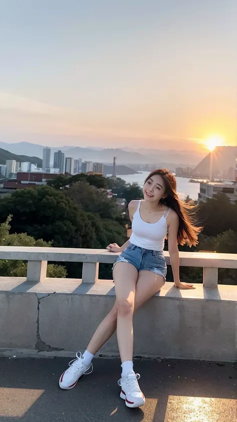  (masterpiece, top quality, best quality,1girls,Korean, beautiful face, smile, long hair, 19 years old, tank top, shorts, White shoes, hills, full body view, sunset，