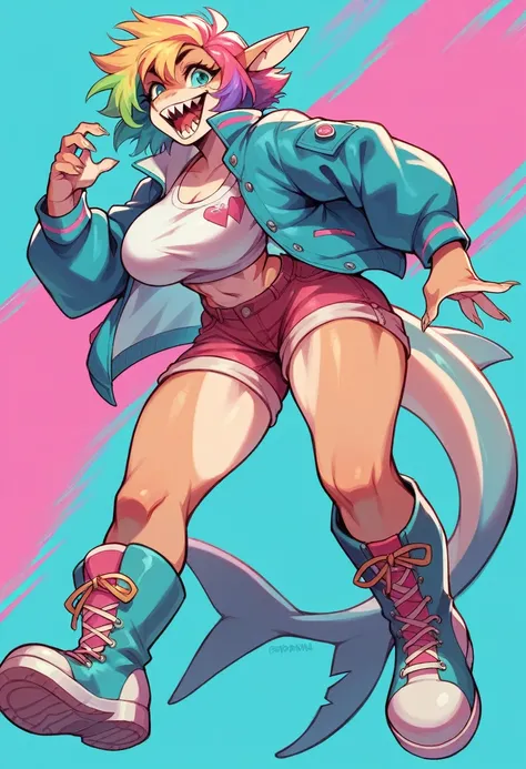 girl colorful hair,fun jacket,fun boots,giant tits,shark tooth,open mouth,hand in the mouth