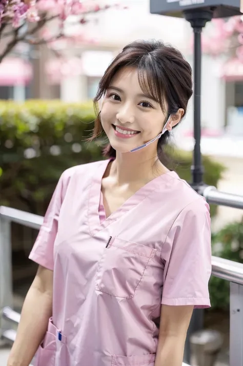 Dental hygienist wearing light pink medical scrubs　Short sleeves Japanese Black hair Early 20s Female　Upper body close-up　smile　Shooting outside　Harmony々　No accessories included