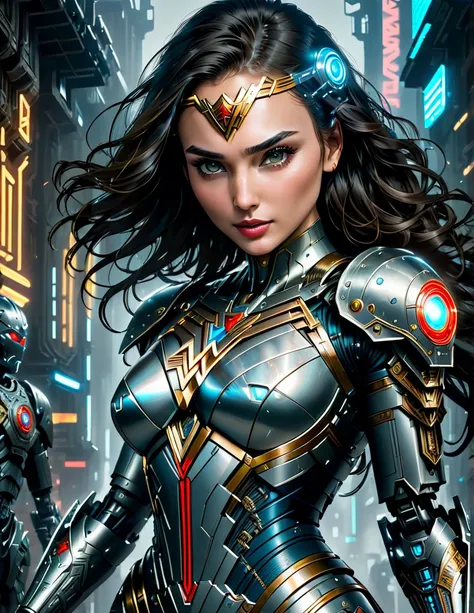 A fantasy picture of (Gal Gadot:1.35) as a Cyberpunk Era Wonder Woman with Cybernetic Wonder Woman Costume in a Neo Cyberpunk Roman Empire with glowing eyes and robotic limbs, insanely intricate detail, Don Lawrence style