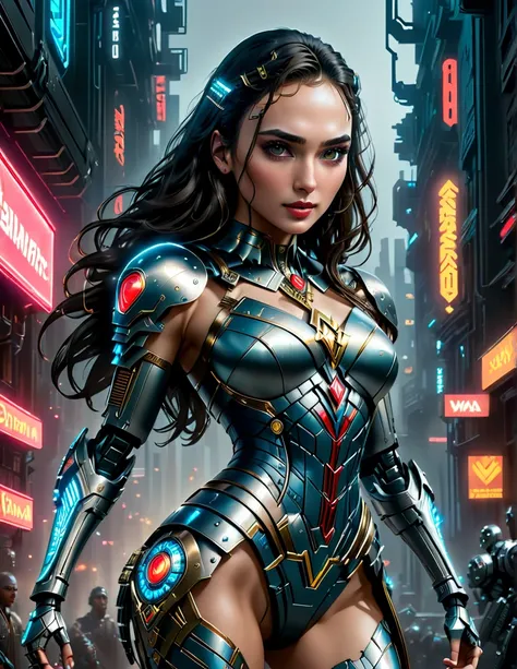 A fantasy picture of (Gal Gadot:1.35) as a Cyberpunk Era Wonder Woman with Cybernetic Wonder Woman Costume in a Neo Cyberpunk Roman Empire with glowing eyes and robotic limbs, insanely intricate detail, Don Lawrence style