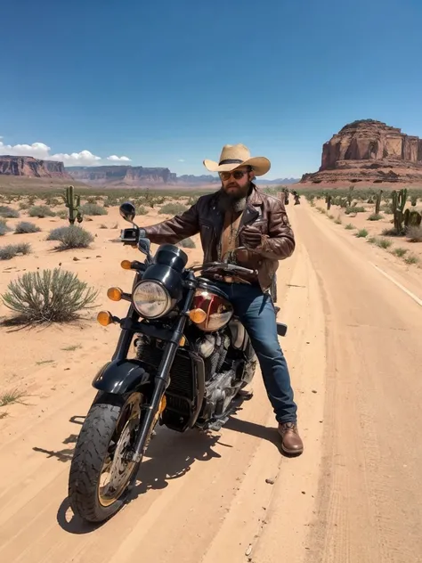 male, solo, beard, Glasses, obesity, Cowboy hat, leather jacket, Saddlebags, desert, Cactus, Animal Path, sunlight, Heat