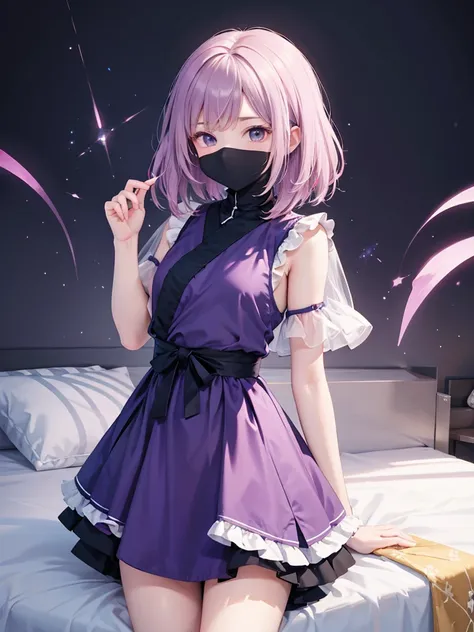 upper body, 1girl, wallpaper, light particles, bed, background, look at viewer, ninja mask, purple skirt