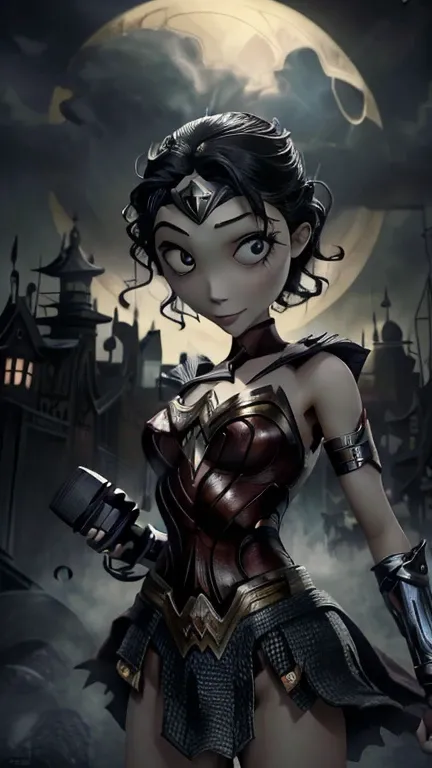 (8k),(masterpiece),(Japanese),(13-year-old girl),((innocent look)),((Childish)),From the front,smile,cute,Innocent,Kind eyes,Flat chest,wonder woman,superhero,short,Black Hair,Strong wind,midnight,dark,gothicpunkai Gotham City,TimBurton Animation style,Cow...