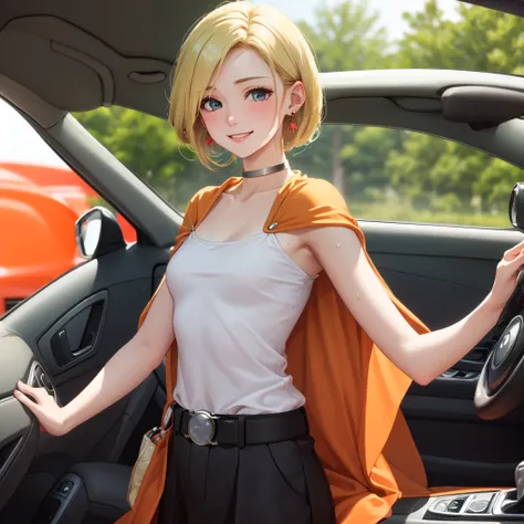 masterpiece, Highest quality, DQ Bianca, 1 person, Single Blade, Earrings, choker, Orange Cape, Green Dress, belt, Small breasts, 1 personで, Driving a car, Upper Body, hot, Sweating a lot, Wipe away sweat, looking at the camera, smile