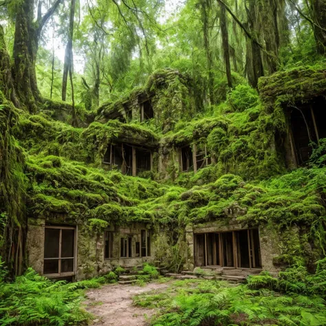 trees growing on the side of a stone building in a forest, overgrown ruins, mossy ruins, ancient overgrown ruins, ancient magical overgrown ruins, old ruins, old mystic ruins, densley overgrown with moss, ancient overgrown! ruins, overgrown place, mossy bu...