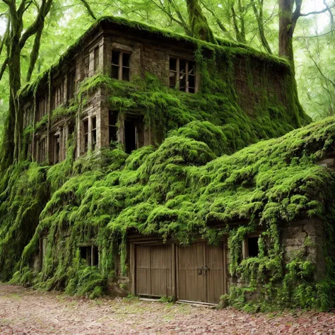 trees growing on the side of a stone building in a forest, a photo by Jonathan Solter, flickr, renaissance, overgrown ruins, mossy ruins, ancient overgrown ruins, ancient magical overgrown ruins, old ruins, densley overgrown with moss, old mystic ruins, an...