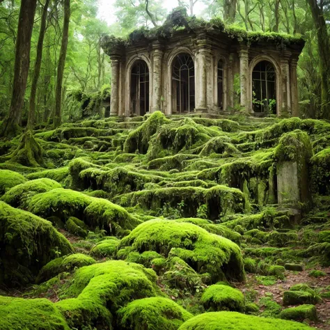 trees growing on the side of a stone building in a forest, a photo by Jonathan Solter, flickr, renaissance, overgrown ruins, mossy ruins, ancient overgrown ruins, ancient magical overgrown ruins, old ruins, densley overgrown with moss, old mystic ruins, an...