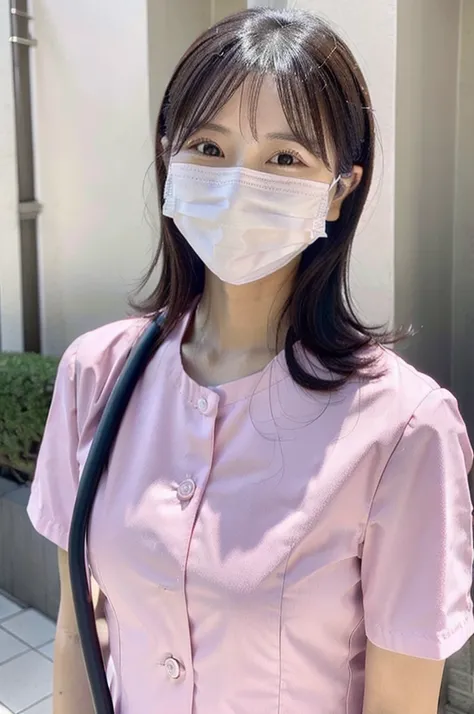 Dental hygienist wearing light pink nurse uniform　Short sleeves Japanese Black hair Early 20s Female　Upper body close-up　smile　Shooting outside　Harmony々　No accessories included